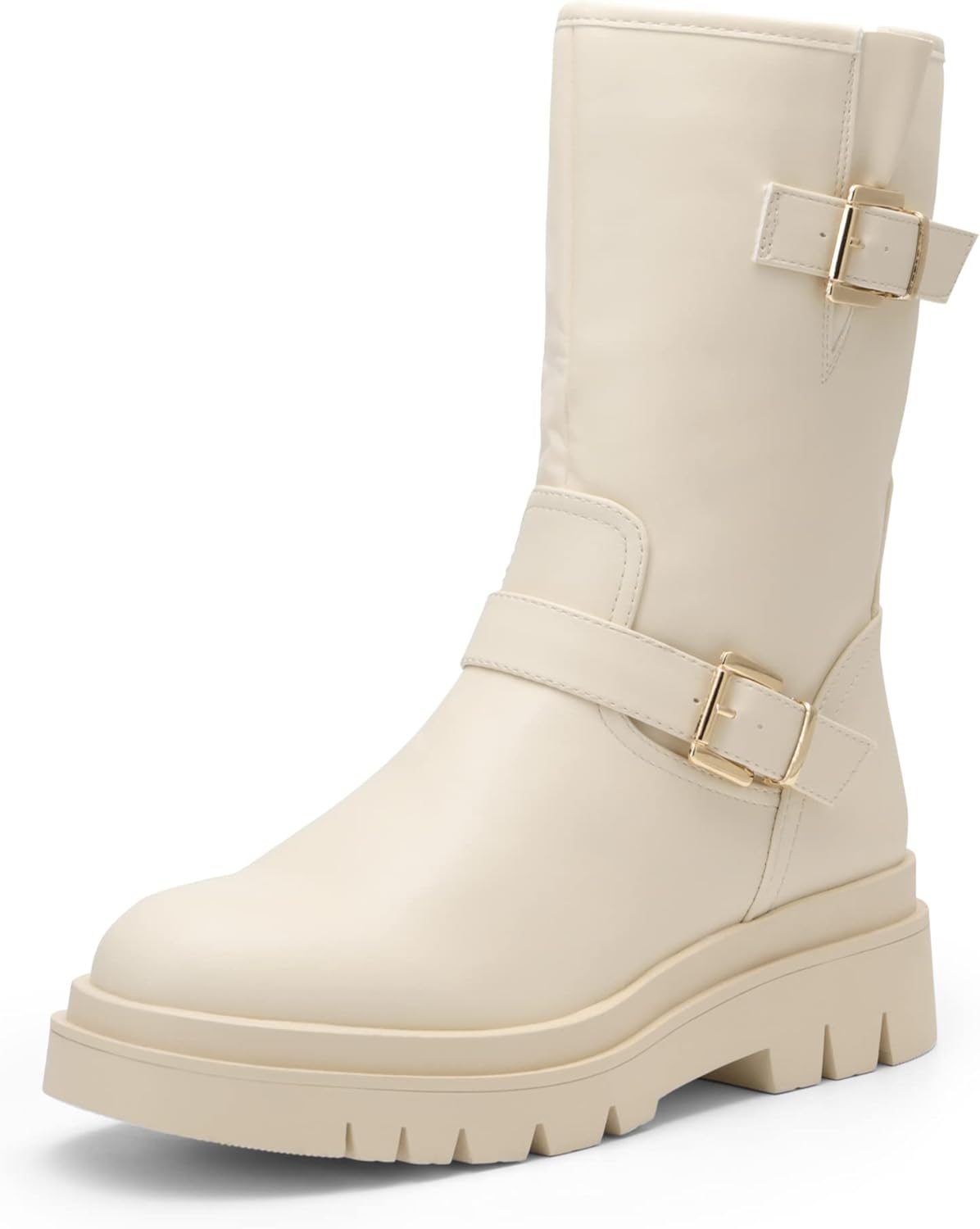 DREAM PAIRS Damen Stiefel mid-calf Boots dicke und flache Sohle  