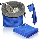 Lewtemi Golf Club Ball Cleaning Bag And Towel Set Extended 16Cm Height Absorbent Microfiber Dual Sided Flip Exterior Waffle Pattern Absorbent Towel Liner With Clip For Golf Bag Cart Club (Blue)