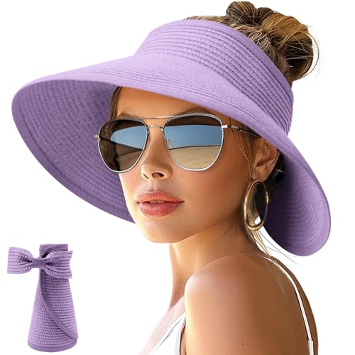Image of NPJY Sun Hats for Women Wide Brim Roll-Up Beach Ponytail Hat Packable Foldable Travel Straw Visor