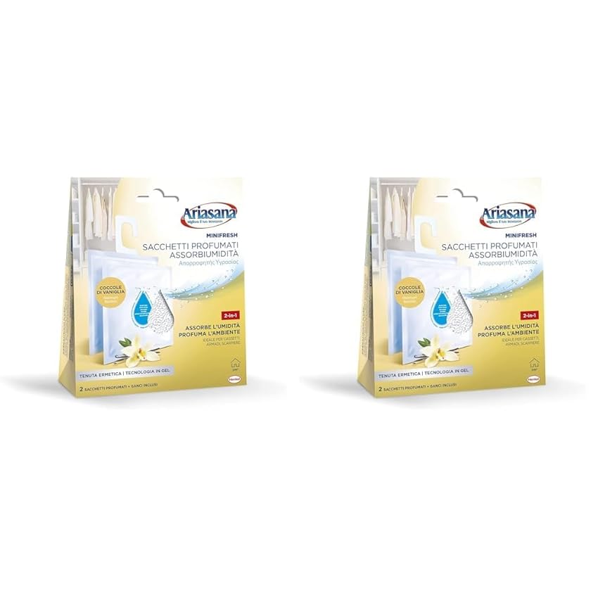 Ariasana Minifresh Coccole di Vaniglia Sacchetti profumati, Sacchetti assorbi umidità e deodoranti 2 in 1, Deodorante cassetti, armadi e piccoli ambienti, sacchetti 2x50g, Confezione da 2