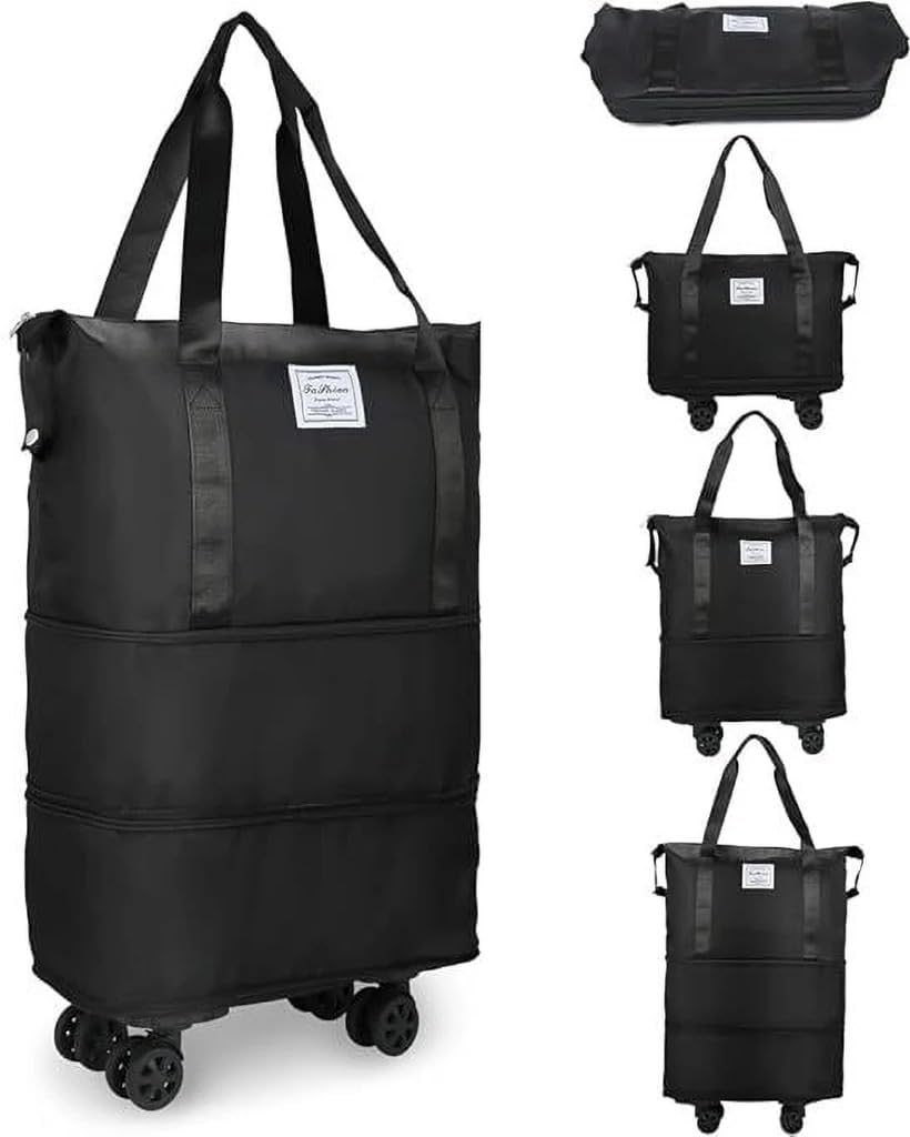 50L Strolley Duffel Bag with Wheels Expandable Foldable Rolling Travel Bag Large Capacity Trolley Duffle Luggage Bag Lightweight Polyester Storage Bag for Travel Vacation Black-image-22