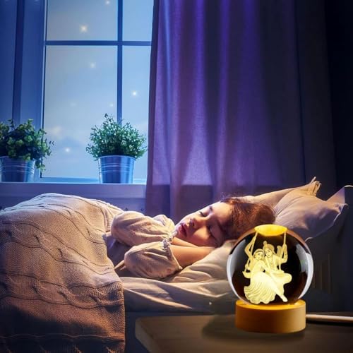 Image of Radha Krishna 3D Crystal Ball Night Light with LED Wooden Stand - Glass Sphere Aquarium Style Lamp for Room Decor & Unique Gifts