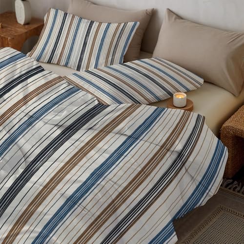 Housse de Couette 140x200cm Microfibre Réversible à Rayures Géométriques avec Fermeture Éclair
