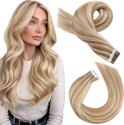 Moresoo Extensiones Adhesivas Pelo Natural Extensiones Adhesivas Extensiones Pelo Remy Natural Cabello Humano Invisible Marrón Claro Destacado Rubio Platino 20pcs 40cm 50g 16Pulgadas #P6/60