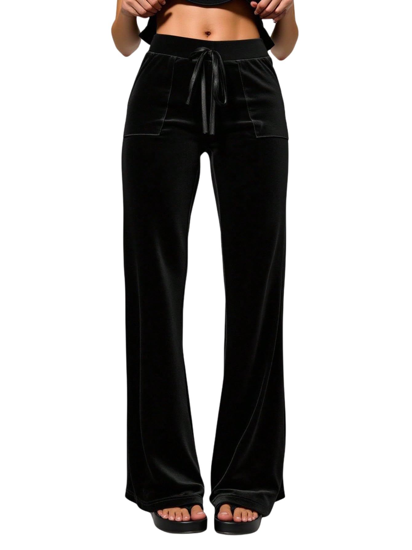 Womens Plus Size Velvet Flare Pants Y2k Drawstring Low Rise Trousers with Pockets