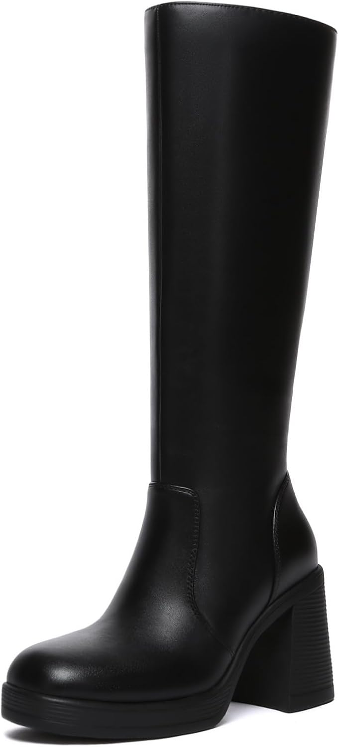Athlefit Black Knee High Boots for Women Platform Tall Boots Fashion Square Toe Chunky Heeled Booties