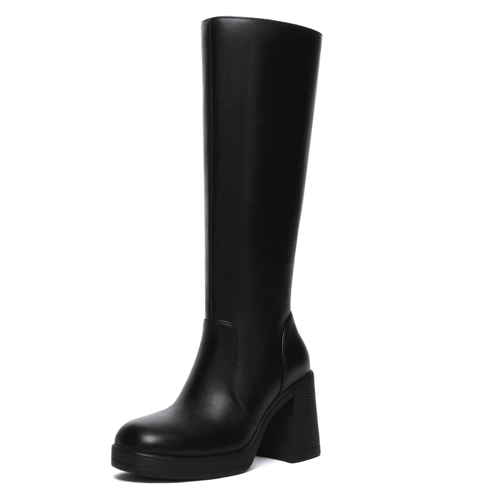 Athlefit Knee High Boots for Women, Platform Heeled Boots for Women, Fashion Square Toe Chunky Tall Black Boots with Side Zipper