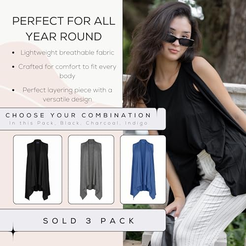Image of Azules Sleeveless Cardigan for Women, Soft Lightweight Duster Open Front Sleeveless Long Cardigan Vest (3 Pack)