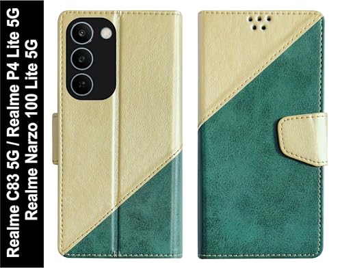 Image of SBMS Flip Cover for Realme C83 5G /Narzo 100 Lite 5G /P4 Lite 5G Back Case with Magnatic Closure | Genuine Leather Finish | Inbuilt Stand | Card & Money Pocket | Wallet Style Flip Cover (MultiGreen)