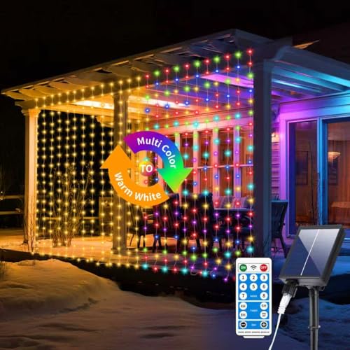 RJEDL 3 IN 1 Lichtervorhang 3x3M 300 LED Lichterkettenvorhang Solar 8 Modi Lichterkette Außen USB-Strom IP65 Wasserdicht mit Fernbedienung Timer und Speicherfunktionen Warmweiß + Multicolor