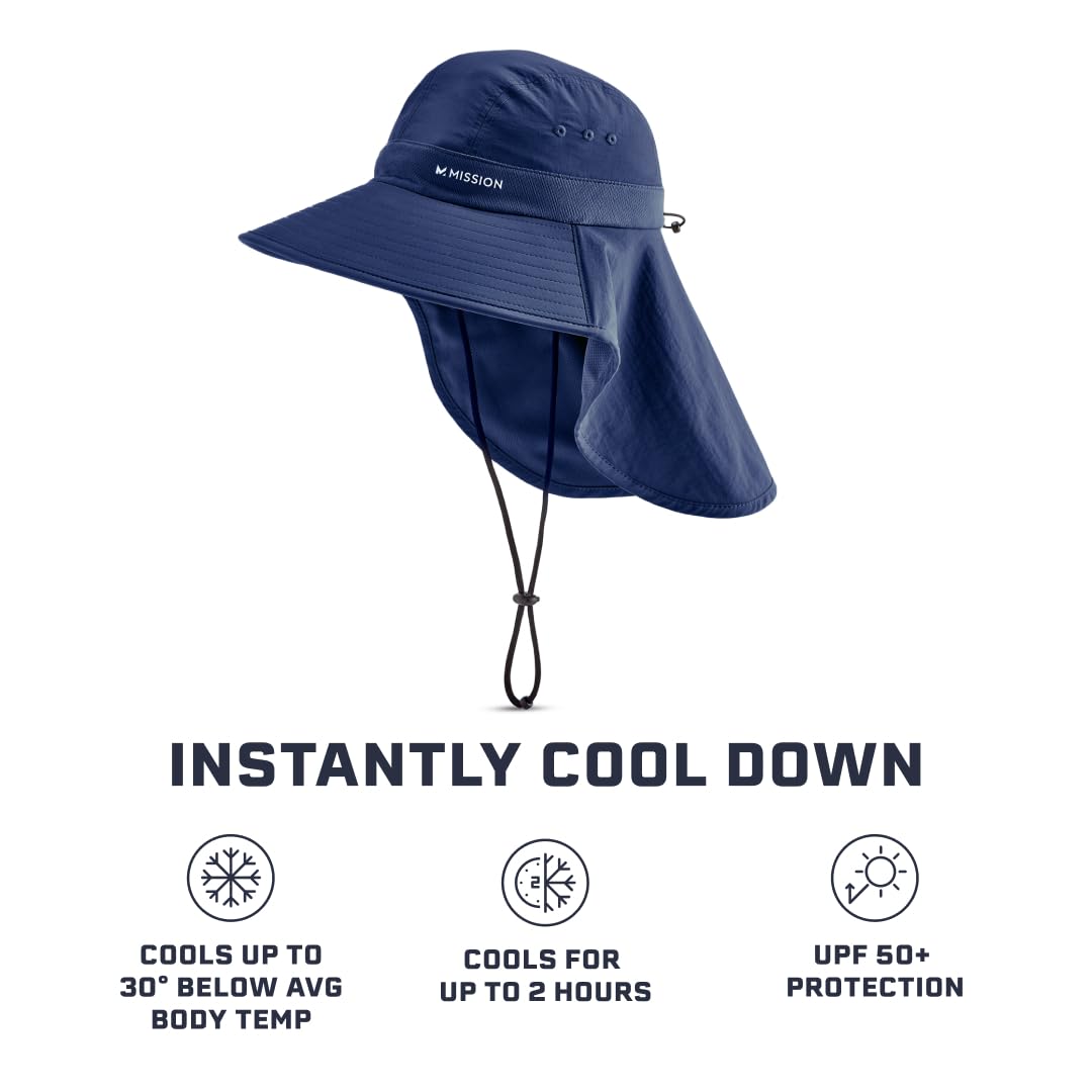 MISSION Sombrero de enfriamiento Sun Defender, tecnología de refrigeración instantánea, ala Ancha. Protección Solar UPF 50. Tejido Suave y Ligero