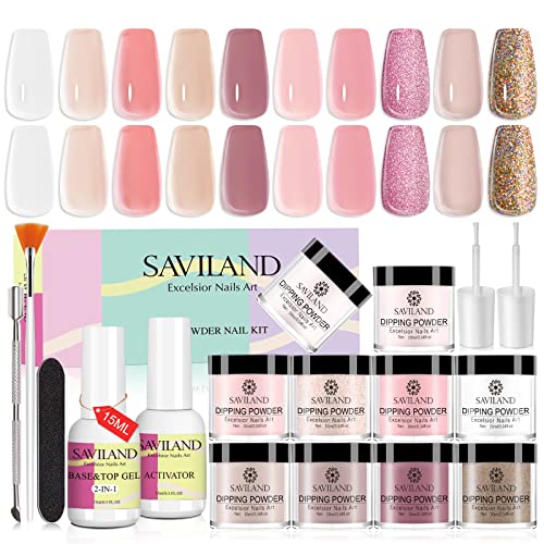 Saviland Sada dipping Powder Nails, Dipping Powder – 10 barev Dipping Powder Starter Kit s 2 v 1 Dip Base & Top Coat, aktivátor pro nehtové studio Home DIY