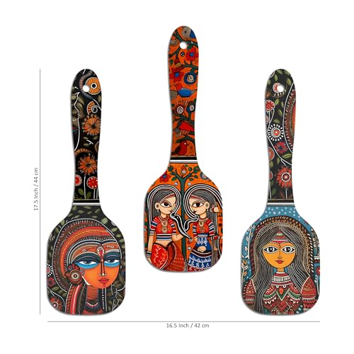 Image of Artvibes Madhubani Women Portrait Spatula Shape Wooden Wall Hanging | Madhubani Wall Paintings | Wall Accent | Gift Items | Aesthetic Wooden Decor | Ethnic Wall Decor (WH 11001N), Set of 3