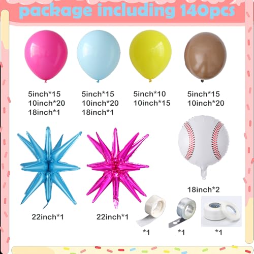 Image of Ice Cream Drip Baseball Birthday Party Decorations 140pcs Baseball Balloon Arch with Hot Pink Light Blue Yellow Latex Balloons Explosive Star Foil Balloon for Baseball Theme Birthday Party Supplies