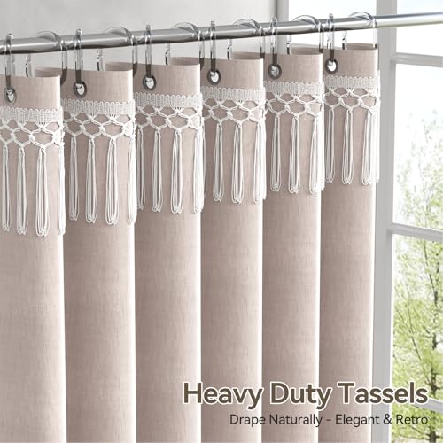 Image of AmazerBath Taupe Boho Shower Curtain with Tassels, Linen Textured Farmhouse Shower Curtain Set with 12 Hooks, Washable Water-Repellent Neutral Fabric, 72x72 Inches Tan