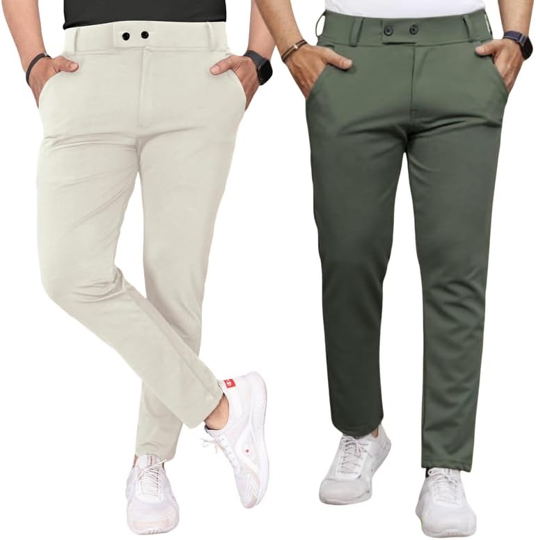Men Slim Fit Trousers | Stretchable Lycra Blend | 2-Button Design with Side Pockets | Ideal for Office, Travel & Casual Wear