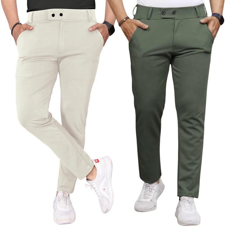 Men Slim Fit Stretch Trousers with Side Pockets | 2-Button Closure | Comfortable Lycra Blend | Ideal for Office, Travel & Casual Wear