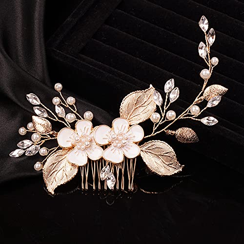 Teyglen Crystal Flower Leaf Bride Wedding Hair Comb Gold Leaves Rhinestone Headband Hair Pieces Bridal Side Hair Comb Hair Accessories For Women Girls Bridesmaid #TOP1