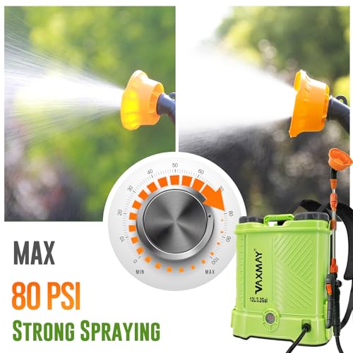 Battery Powered Backpack Sprayer 3.2 Gallon, VAXMAY 80 PSI Electric Graden Sprayer Works with Makita 18V Battery, Weed Lawn Sprayer with Telescopic Wand, 5 Nozzles, 2.0 Ah Battery & Charger Included - Thumbnail 3