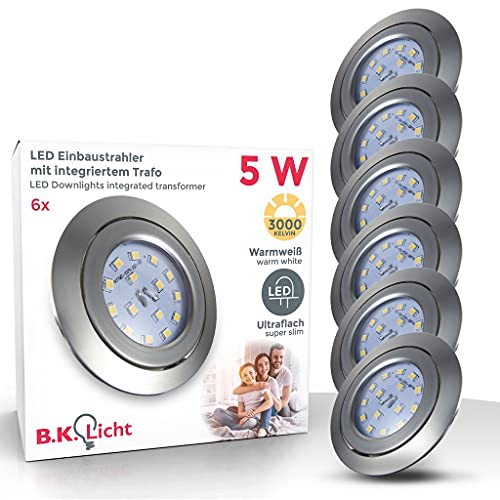 B.K.Licht lot de 6 spots LED encastrables ultra-plats, orientables, 5W, plafonnier design, éclairage encastré intérieur, blanc chaud, 230V, IP23