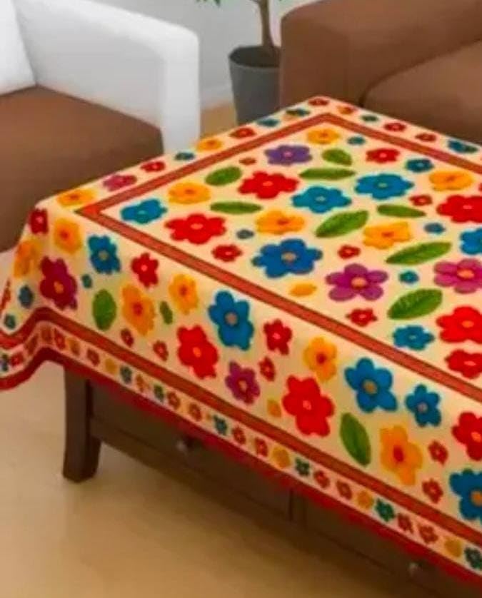 Image of Velvet Decorative Rectangular Table Cover with Traditional Design, Living Room Centre Table Cloth, Beige and Multicolour Size (36 * 56) (Small hd flwer t-c)