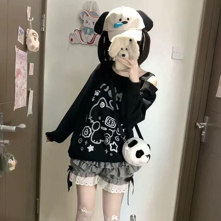 Y2K Off Shoulder Kawaii Cute Graphic Sweatshirt Casual Long Sleeves Hrajuku Tops Cat Print Pullover Sweatshirts - Image 2