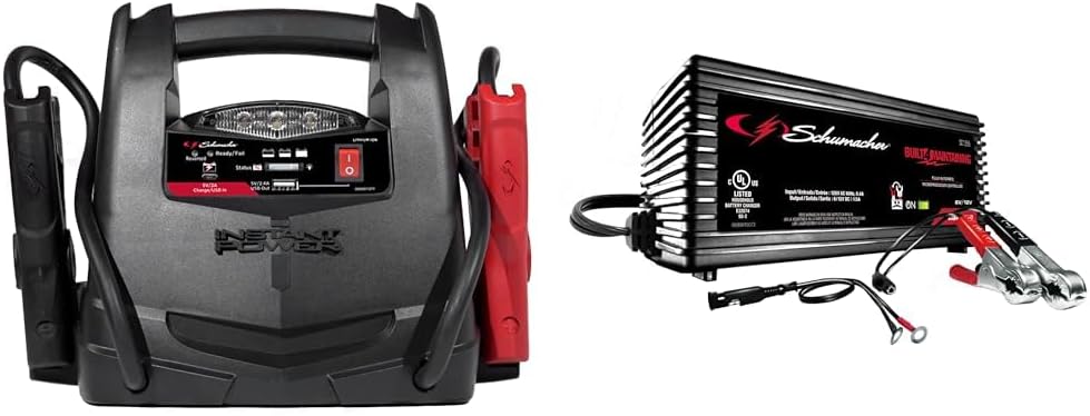 Schumacher Electric SL1562 4-in-1 Lithium Portable Power Station Jump Starter1Air Compressor LED Light, 1200 Amps + SC1355 Battery Maintainer Motorcycle, Car, Boat Batteries, 1.5 Amps, 6 Volt/12 Volt