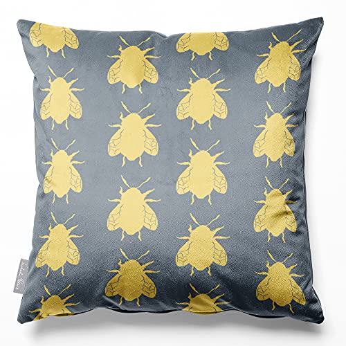 Izabela Peters Cushions With Covers, Eco-Friendly Velvet, 45 cm, Bees - French Grey, for Chair, Sofa, Seat, Large Filled Cushion