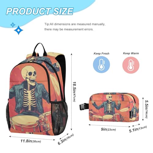 Travel Backpack Lunch Bag Set for Hiking Picnic, Backpacks with Insulated Lunch Box Skull Play Drum Print2
