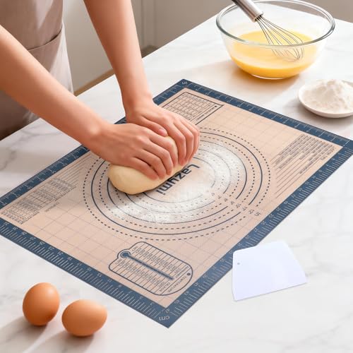 Lazymi Thick Silicone Baking Mat: 40 x 50cm Non Stick Pastry Rolling Mat with Measurement  Non-Slip Silicon Dough Kneading Mat  Silicone Baking sheet for Pie/Cake/Pizza/Fondant Icing (Grey+Scraper)