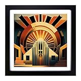 Art Deco Sunset Precisionism Framed Print | 18x18 Inch Black Framed Wall Art | Ready to Hang | Art Deco Landscape Picture | Living Room Bedroom Lounge Office