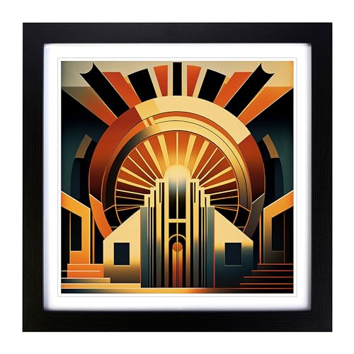 Art Deco Sunset Precisionism Framed Wall Art Print, Ready to Hang Picture for Living Room Bedroom Home Office, Black 18 x 18 Inch (45 x 45 cm)