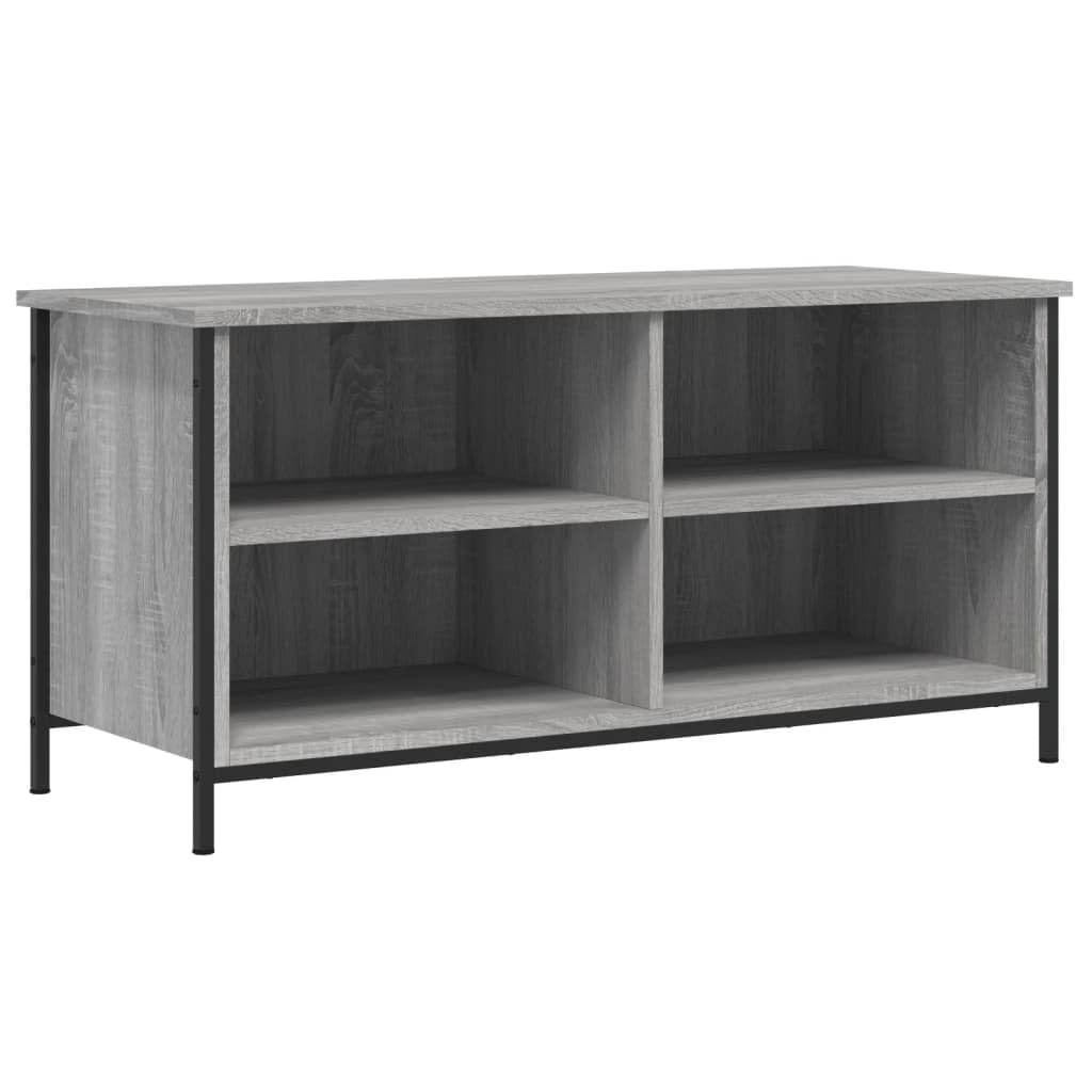 Mobile TV grigio rovere sonoma 100 x 40 x 50 cm, in plastica a base di legno, 4 ripiani aperti, piedini in ferro, stabile e resistente all'umidità, ideale per riporre DVD