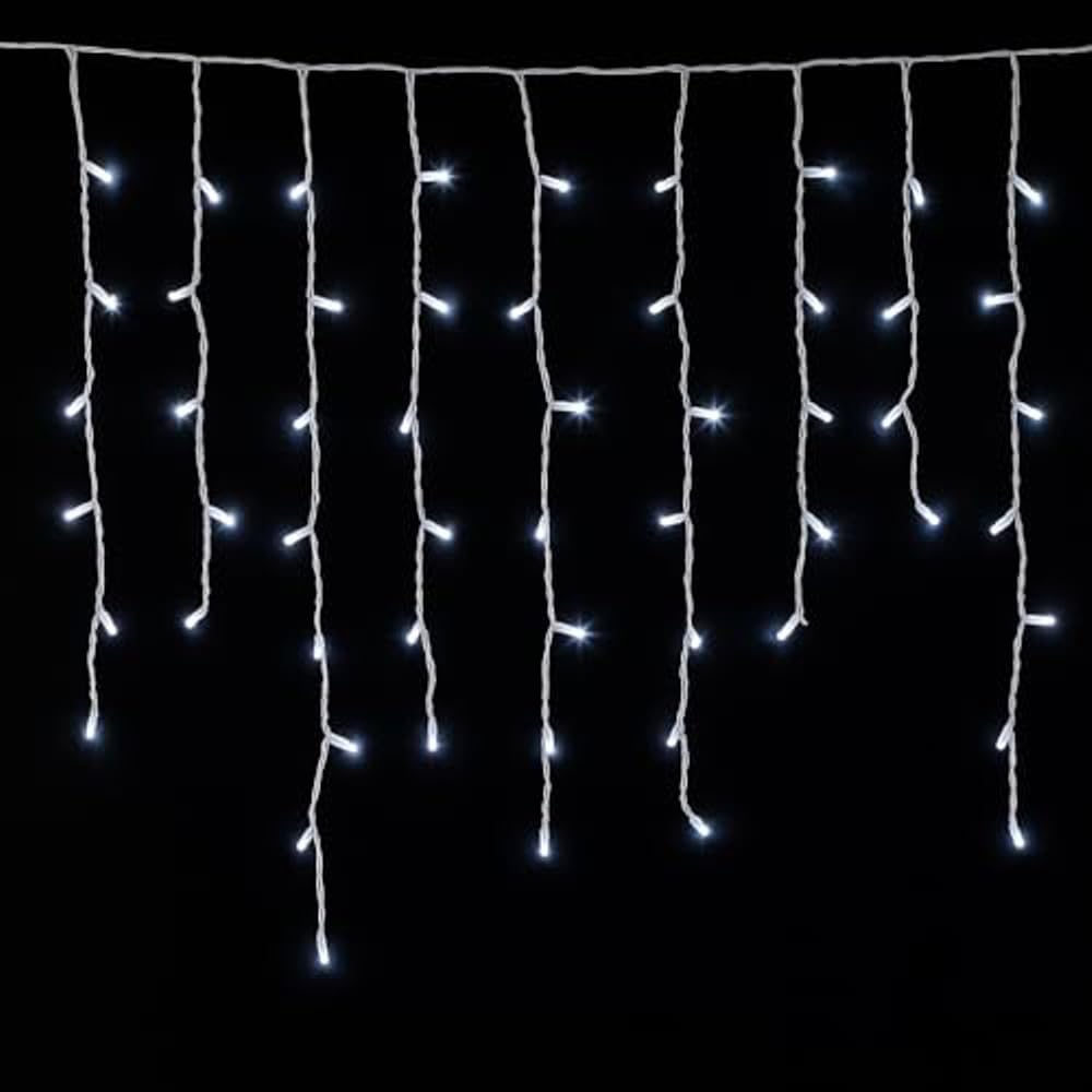 Elektronova Tenda Luminosa 200 LED, 5Mt, Luce Bianca, Cavo Bianco, IP65, Prolungabile, Effetto Flash, Con fili pendenti a lunghezze alternate (30–70–40–60 cm) per effetto a cascata