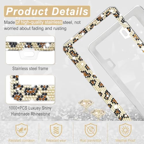 Image of Amiss Bling License Plate Frame for Women, 2Pack Rhinestone Handcrafted Crystal Premium Stainless Steel, Stainless Steel Car Decorative Accessories with Diamond Sparkle Glitter Caps (Leopard Print)