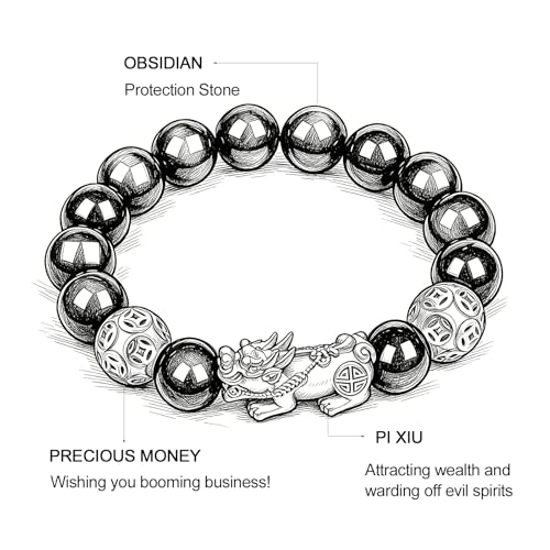 Image of LIYAPEI Black Obsidian Bracelet for Men Women - Feng Shui Wealth & Spiritual Protection Beaded Bracelet with Pi Xiu for Luck, Healing Crystal Stretch Wrist Jewelry, Unisex