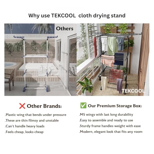Image of TEKCOOL Foldable Cloth Drying Stand Stainless Steel - 3 Tier Heavy-Duty Clothes Dryer for Balcony, Indoor & Outdoor Use | with Wheels & Hanger Slots | Rust-Proof Laundry Rack (Grey, 3 TIRE):