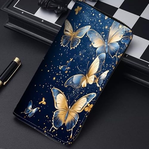 Image of RFID Blocking Leather Wallet for Women - Large Capacity Zip Around Clutch with 8 Card Slots,21 Cash Pockets & Coin Zipper,Butterfly