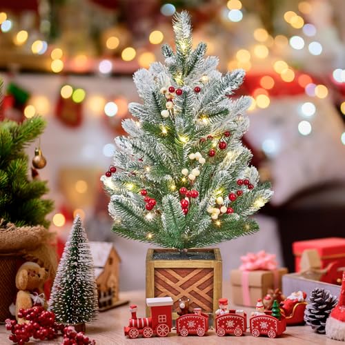 24 Inch Pre-lit Mini Christmas Tree with Lights, Small Green Frosted Artificial Tabletop Christmas Trees with Wooden Base, Miniature Pine Christmas Trees Decoration