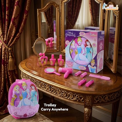 Image of Disney Princess 2-in-1 Backpack Dressing Table & Trolley Gift Set for Kids - 13 Pcs Pretend Play Makeup Kit with Electronic Dryer - Portable Vanity Toy |Birthday Gift for Girls Age 3+