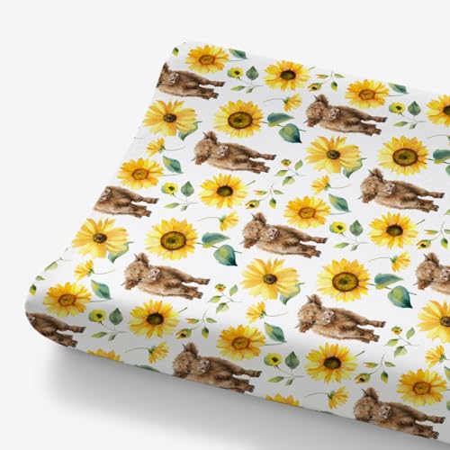Image of HawSkgFub Highland Cow Sunflower Changing Pad Cover for Baby Girls, Western Farm Animal Fall Flower Diaper Change Table Covers, Soft Stretchy Safe Snug Fitted Changing Mat Sheet Fit 32"/34" x 16"