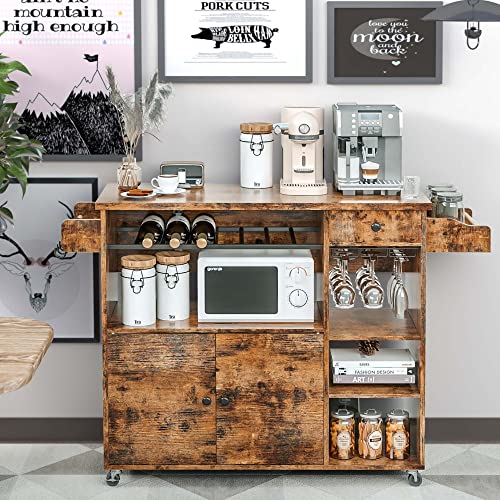 IRONCK-Rolling-Kitchen-Island-Cart-with-Drop-Leaf-and-Wine-Rack-Microwave-Rack-Serving-Cart-on-Wheels-with-Drawer-Shelves-Spice-Rack-Cup-Hanging-Vintage-Brown IRONCK Rolling Kitchen Island Cart with Drop Leaf and Wine Rack Microwave Rack Serving Cart on Wheels with Drawer Shelves Spice Rack Cup Hanging Vintage Brown