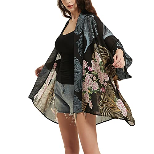 Women's Loose Print Sheer Chiffon Kimono Beach Swim...