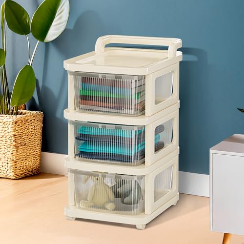 Image of Kuber Industries 3 Layer Plastic Modular Storage Drawer Organizer with Wheels | Chest of Drawer Storage Box for Living Room, Office, School and Home | Toys Organiser for Kids Room | Transparent Ivory