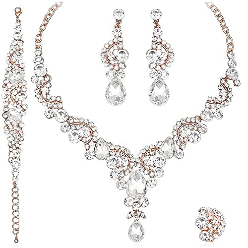 CSY Elegant Crystal Necklace Earrings Bracelet Ring Bridal Wedding Party Costume Jewelry Sets for Brides Women (white crystal - rose gold tone)