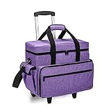 Teamoy Sewing Machine Case on Wheels, Rolling Sewing Machine Tote with Wheels and Bottom Wood Pad, Compatible with Singer, Brother and Most Majority Machines and Accessories, Purple
