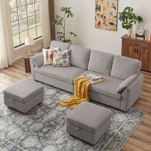 Image of Convertible Sectional Sofa with Storage Ottomans & Coffee Table, Modern Corduroy Fabric, U-Shaped Couch with Dual Ottomans Chaise & Long Bench, Sofa Set Couches for Living Room, Light Grey