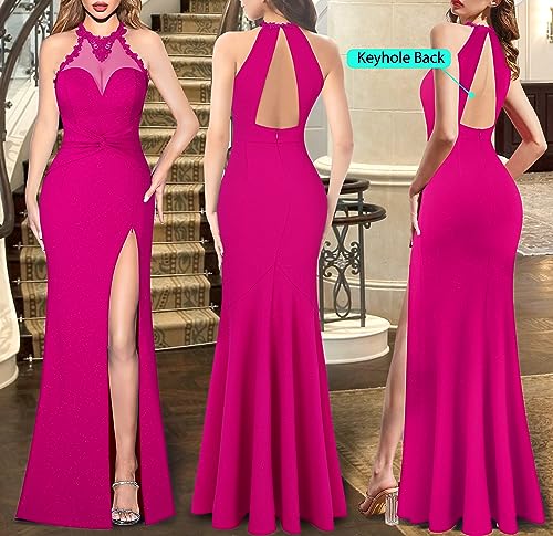 Image of VFSHOW Womens Formal Halter Keyhole Back Prom Gala Maxi Dress Evening Gown | Sexy Illusion Sweetheart Neck, High Slit, Wedding Guest, Applique, Twist Front Mermaid Dresses
