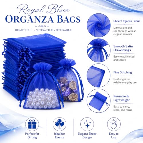 Image of Hopttreely 50pcs Royal Blue Organza Bags, 4x4.72 inch Mesh Bags Drawstring Gift Bags Jewelry Pouches for Candy Wedding Favors Christmas, Bridal Showers, Candy, Jewelry & Goodie Bags