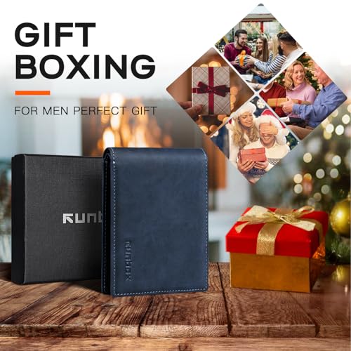 Image of RUNBOX Wallet for Men Slim Leather Bifold RFID Blocking Minimalist Front Pocket Design with Gift Box | Minimalist Front Pocket Design, Holds 8 Cards, RFID Protection, Gifts for Men on Birthdays, Father's Day, and Christmas
